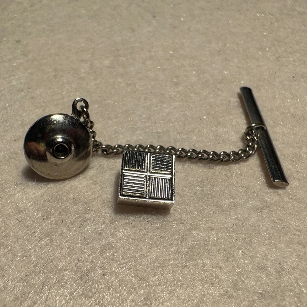 Vintage Silver Tone Tie Tack with Security Chain & Bar